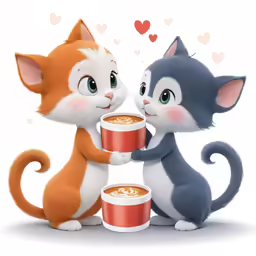 two cats standing on their hind legs and one is holding coffee in front of the other