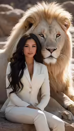 a woman poses with a lion on her arm