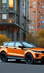 a drawing of an orange range rover, in front of a building,an orange range rover suv parked in front of a building