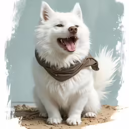 a white dog is standing up and smiling