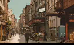 an old photo of people walking on a city street