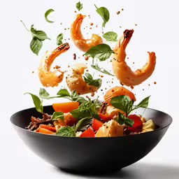 some shrimp and carrots in a bowl being tossed with vegetables