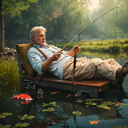 an old man sitting in a chair on the water,an old man fishing while sitting on the dock in the water