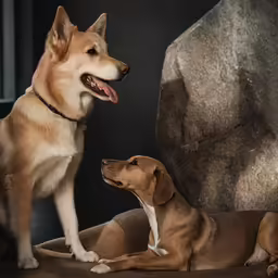 two brown and white dogs sitting side by side