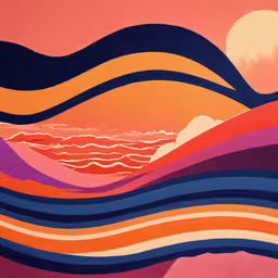 an art work with wavy lines painted over,a painting with waves and sunsets on the background