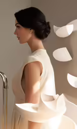 a woman in a white dress is next to a fountain