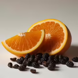 two pieces of orange are cut in half