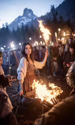 a woman is standing near a large fire and holding an object
