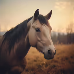 a brown horse standing on top of a dry grass covered field