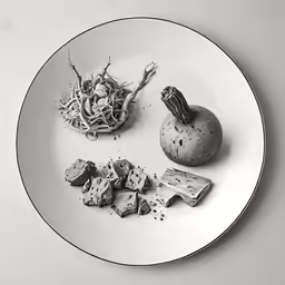 an empty plate with vegetables and pieces of meat