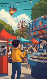 an illustrated image of a person eating at an outdoor food stand