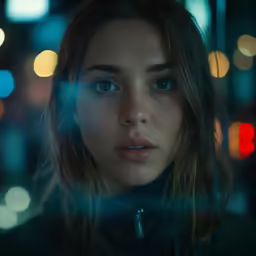 a young woman is staring away while in the background light is a blurry city
