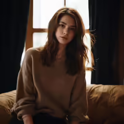 a woman sitting on a couch, with a brown shirt on and a black skirt is around her