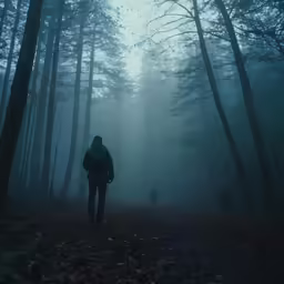 man standing in the foggy woods, surrounded by tall trees