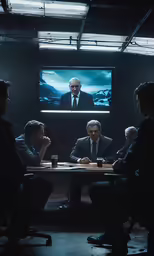 a group of people sitting around a table in a room