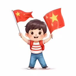 a little boy is holding flags on the beach