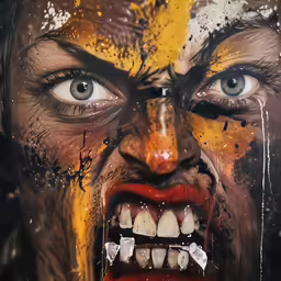 a man is painted with yellow paint and his face has white teeth