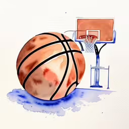 an image of watercolor basketball and water pump,watercolor drawing of basketball hoop and net,a watercolor sketch of a basketball going towards the basket,a basketball going through the hoop on a watercolor painting,this is an artistic drawing of a basketball near a hoop