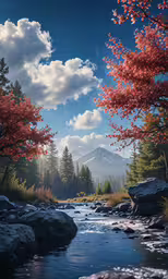 the image shows the mountain and river in the background