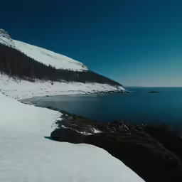 a small lake sitting between some mountains with snow on it