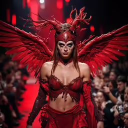 model with red make up and wings on catwalk