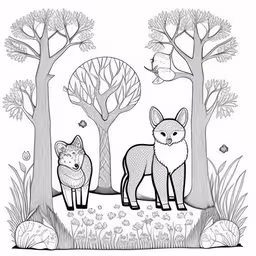two foxes in the forest near trees