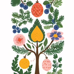 a print of an illustrated fruit tree with many fruits and leaves