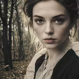 the woman with long dark hair is posing in the woods