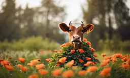 a brown cow is surrounded by green plants and orange flowers