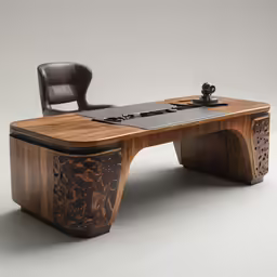a desk is made with wood and features an unusual chair