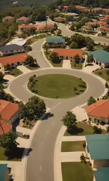an aerial photo of the town with two roads