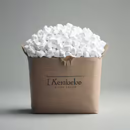 a bag filled with white marshmallows on top of a grey table