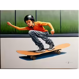 a painting of a boy doing tricks on a skateboard