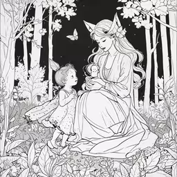 an adult woman and child sitting in the woods,a black and white drawing of a woman in the woods, with a little girl