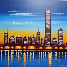 a painting of a city with buildings reflecting in the water,painting of the city skyline with colorful lights reflected in the water,an image of a city skyline in the painting,a painting of some kind of skyline in the water,this is a painting of a skyline at night