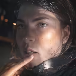 a girl in an avatar holding a finger near her lip