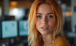 a close up shot of a blonde woman with long hair