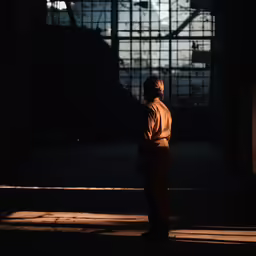 a person standing in the dark with a warehouse structure in the background