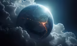 an image of the earth with lights and clouds in it