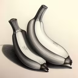 there is a black and white drawing of two bananas,two bananas sitting on top of each other on a table,a pencil drawing of two bananas, one black and white,three bananas sitting on the ground on a white background,a black and white drawing of three bananas