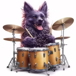 a dog with blue eyes sitting behind a set of drums