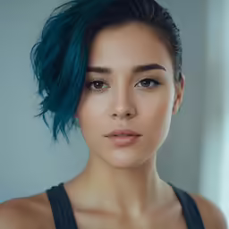 a girl with green hair looks into the camera