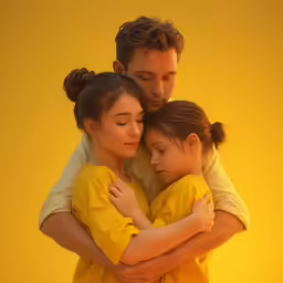 an image of a man holding the arms of two women