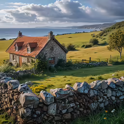 a large grassy field with an old stone wall near the house