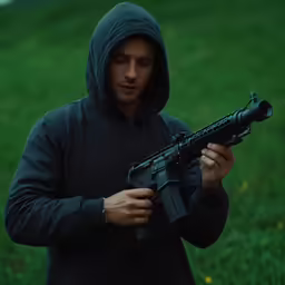 a young man holding an ar - 15 rifle