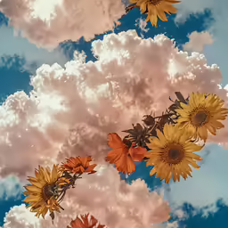 a picture with some clouds and sunflowers in the foreground