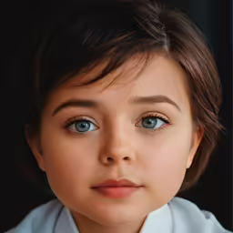 a small child wearing a white shirt and blue eyes
