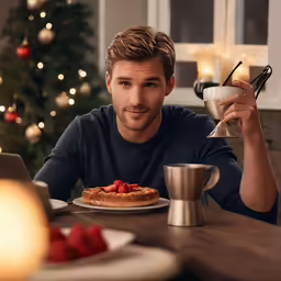 man sitting at table with cup and pancake in front of him