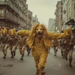 people in costumes running down a city street