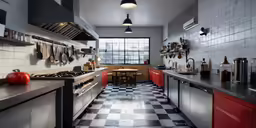 an industrial kitchen with black and white checkered tile